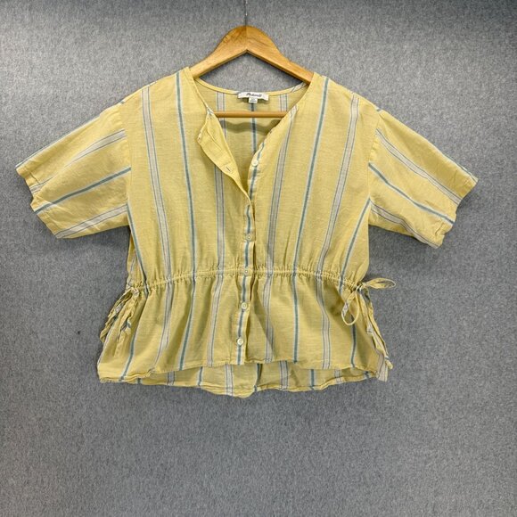 Madewell Womens Size XXS Yellow Green Atlantic Stripe Blouse Button Front Top - Picture 3 of 13
